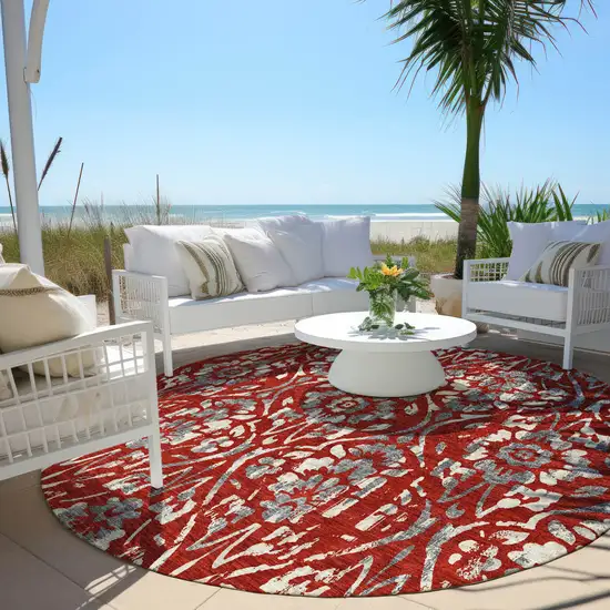 8' Red Ivory And Dark Gray Round Floral Washable Indoor Outdoor Area Rug Photo 7