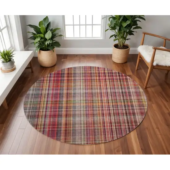 8' Red Ivory And Gold Plaid Washable Round Rug With UV Protection Photo 2