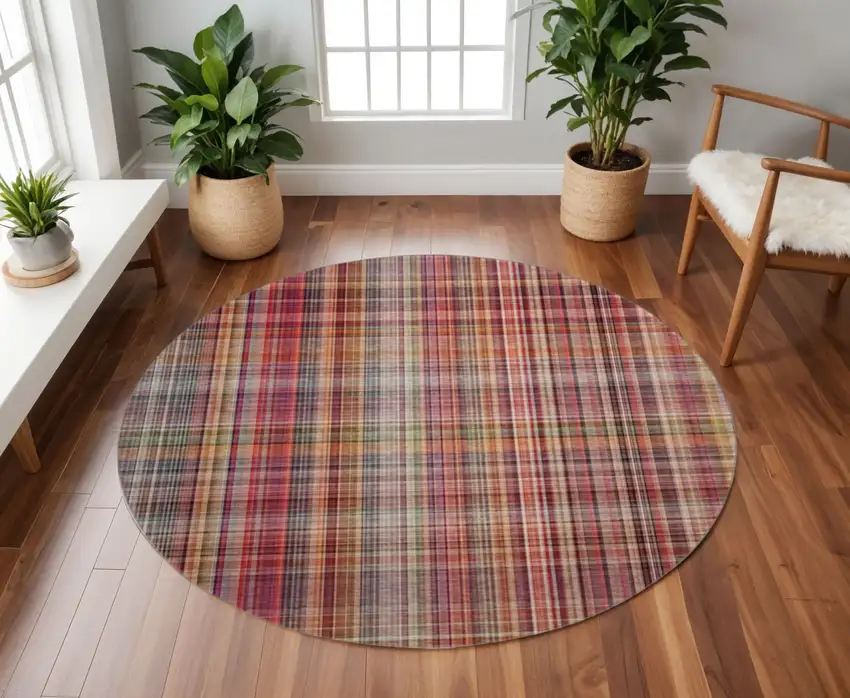 8' Red Ivory And Gold Plaid Washable Round Rug With UV Protection Photo 2