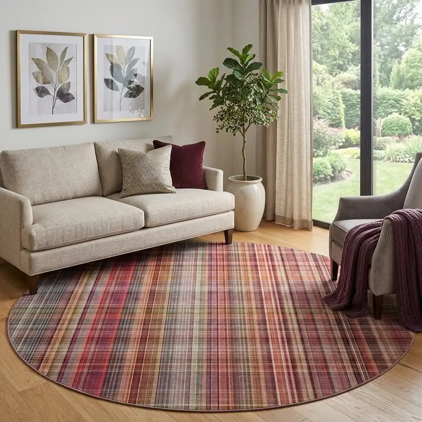 8' Red Ivory And Gold Plaid Washable Round Rug With UV Protection Photo 1
