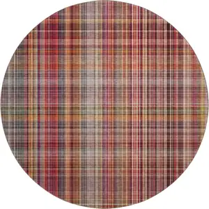 Photo of 8' Red Ivory And Gold Plaid Washable Round Rug With UV Protection