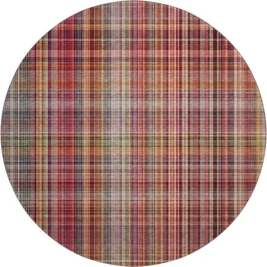 8' Red Ivory And Gold Plaid Washable Round Rug With UV Protection Photo 1