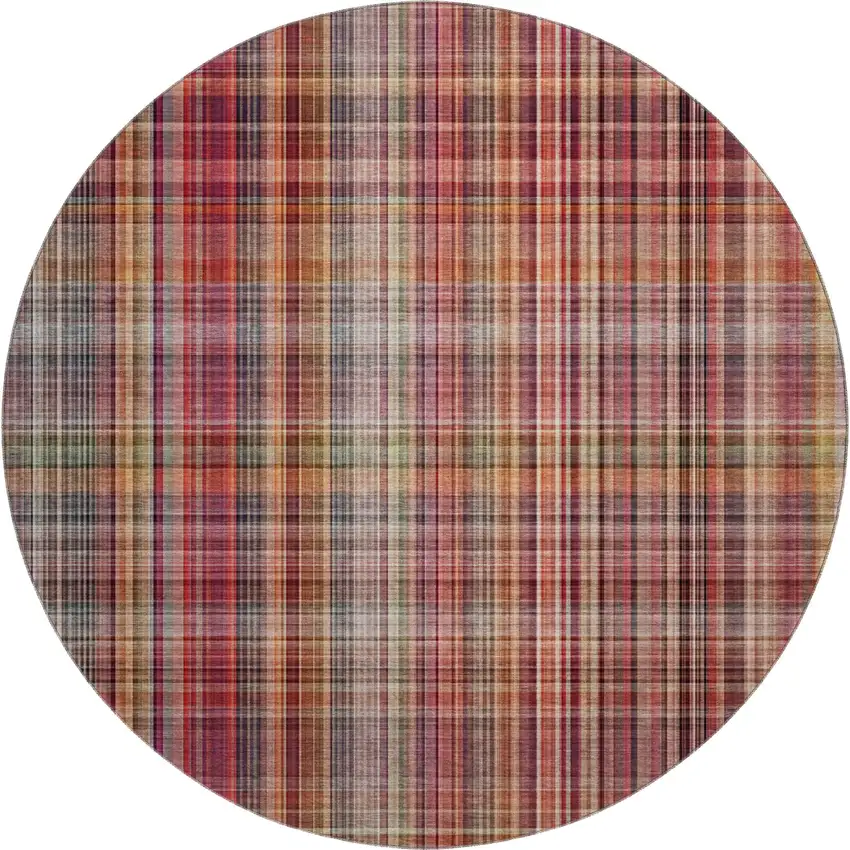 8' Red Ivory And Gold Plaid Washable Round Rug With UV Protection Photo 1