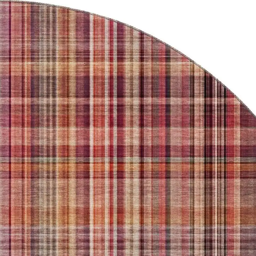 8' Red Ivory And Gold Plaid Washable Round Rug With UV Protection Photo 3