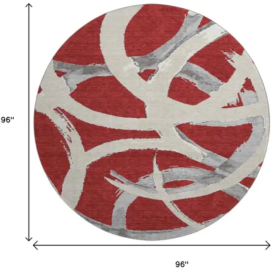 8' Red Ivory And Gray Abstract Washable Round Rug With UV Protection Photo 9
