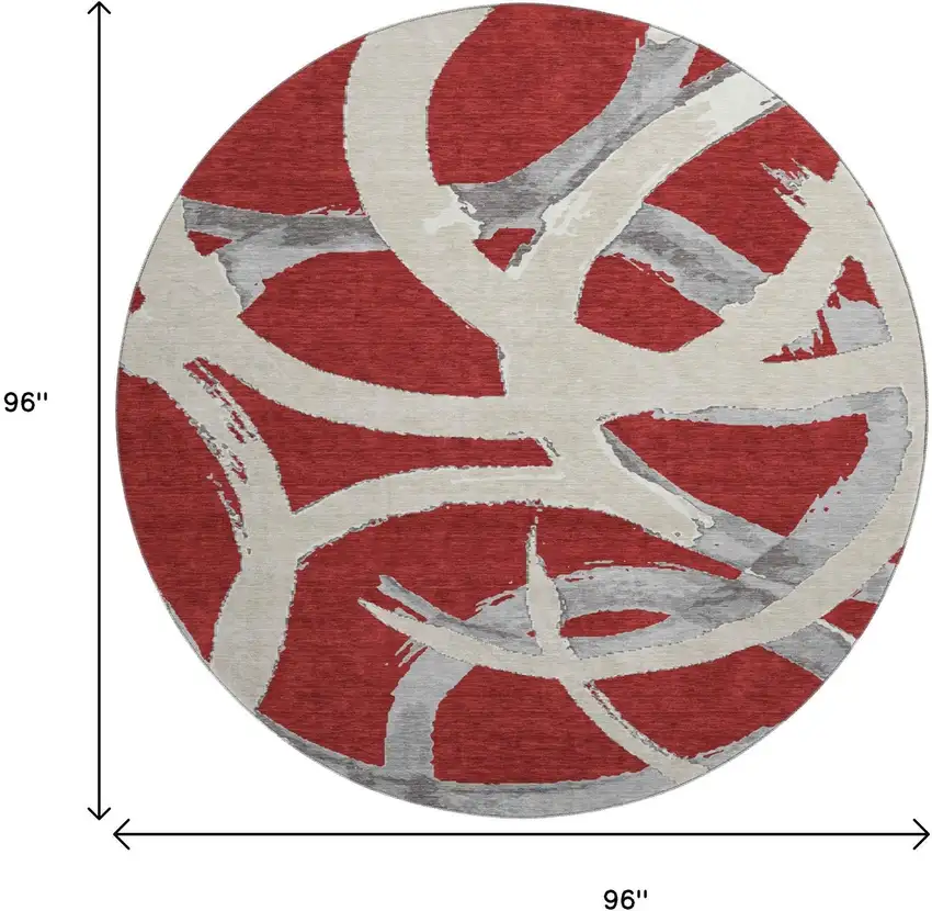 8' Red Ivory And Gray Abstract Washable Round Rug With UV Protection Photo 9