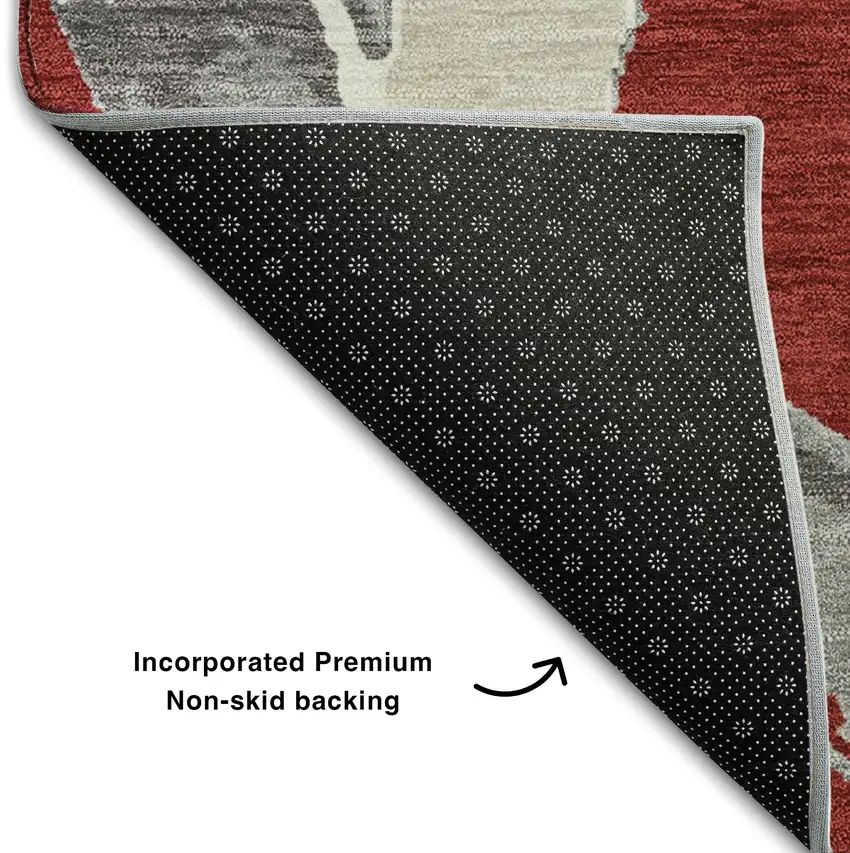 8' Red Ivory And Gray Abstract Washable Round Rug With UV Protection Photo 5