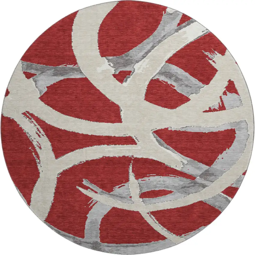 8' Red Ivory And Gray Abstract Washable Round Rug With UV Protection Photo 1