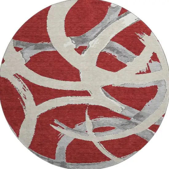 8' Red Ivory And Gray Abstract Washable Round Rug With UV Protection Photo 2