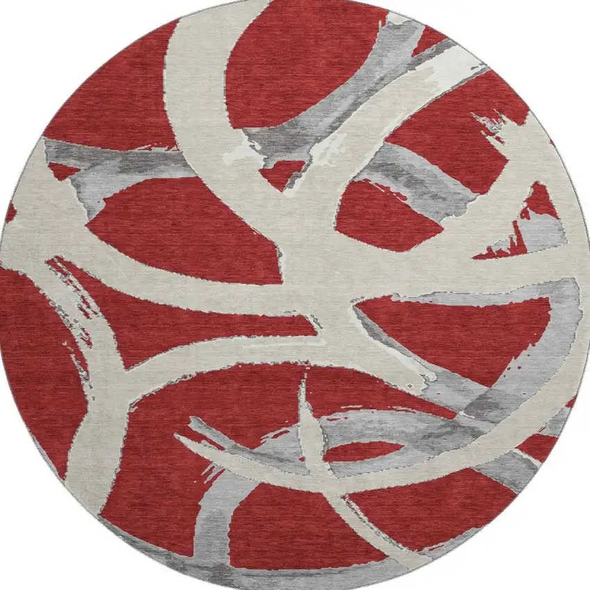 8' Red Ivory And Gray Abstract Washable Round Rug With UV Protection Photo 2