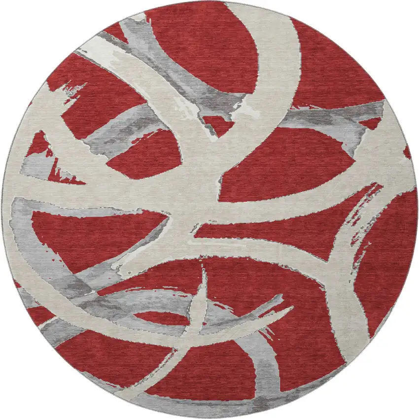 8' Red Ivory And Gray Abstract Washable Round Rug With UV Protection Photo 3