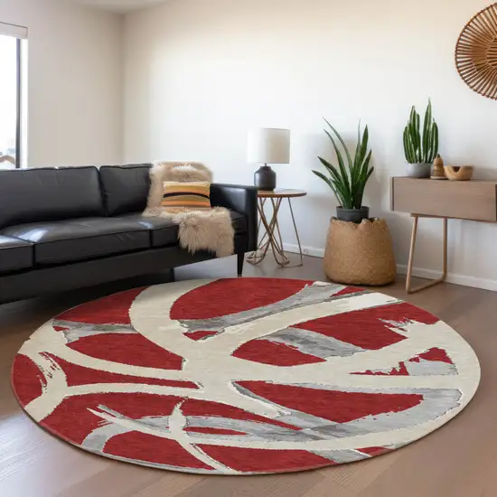 8' Red Ivory And Gray Abstract Washable Round Rug With UV Protection Photo 4