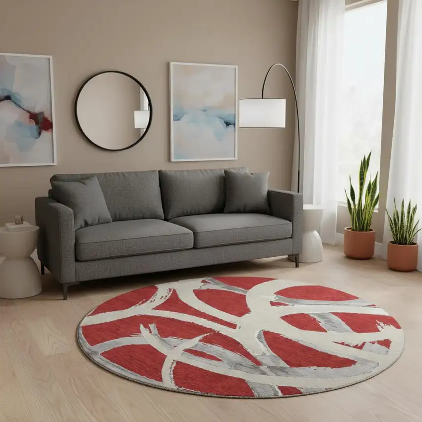 8' Red Ivory And Gray Abstract Washable Round Rug With UV Protection Photo 2