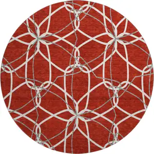 Photo of 8' Red Ivory And Gray Geometric Washable Round Rug With UV Protection
