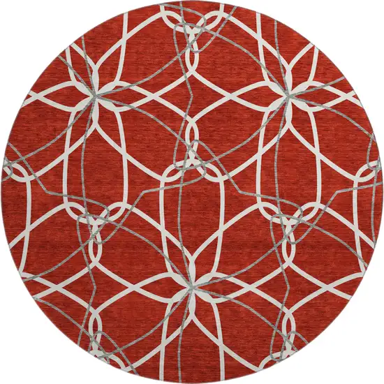 8' Red Ivory And Gray Geometric Washable Round Rug With UV Protection Photo 1