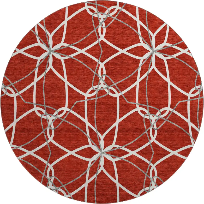 8' Red Ivory And Gray Geometric Washable Round Rug With UV Protection Photo 1