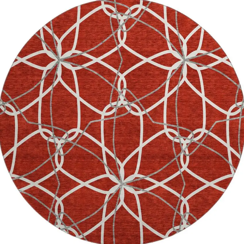 8' Red Ivory And Gray Geometric Washable Round Rug With UV Protection Photo 3