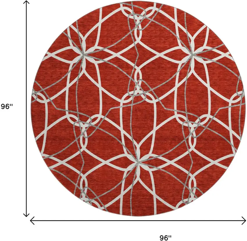 8' Red Ivory And Gray Geometric Washable Round Rug With UV Protection Photo 9