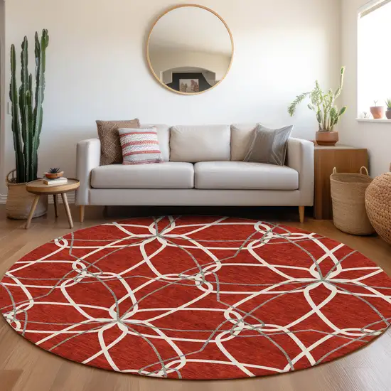 8' Red Ivory And Gray Geometric Washable Round Rug With UV Protection Photo 4