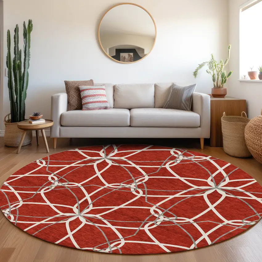 8' Red Ivory And Gray Geometric Washable Round Rug With UV Protection Photo 4