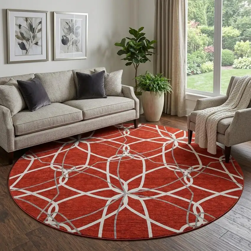 8' Red Ivory And Gray Geometric Washable Round Rug With UV Protection Photo 1