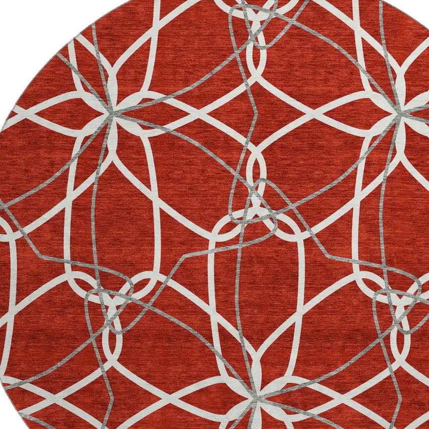 8' Red Ivory And Gray Geometric Washable Round Rug With UV Protection Photo 2