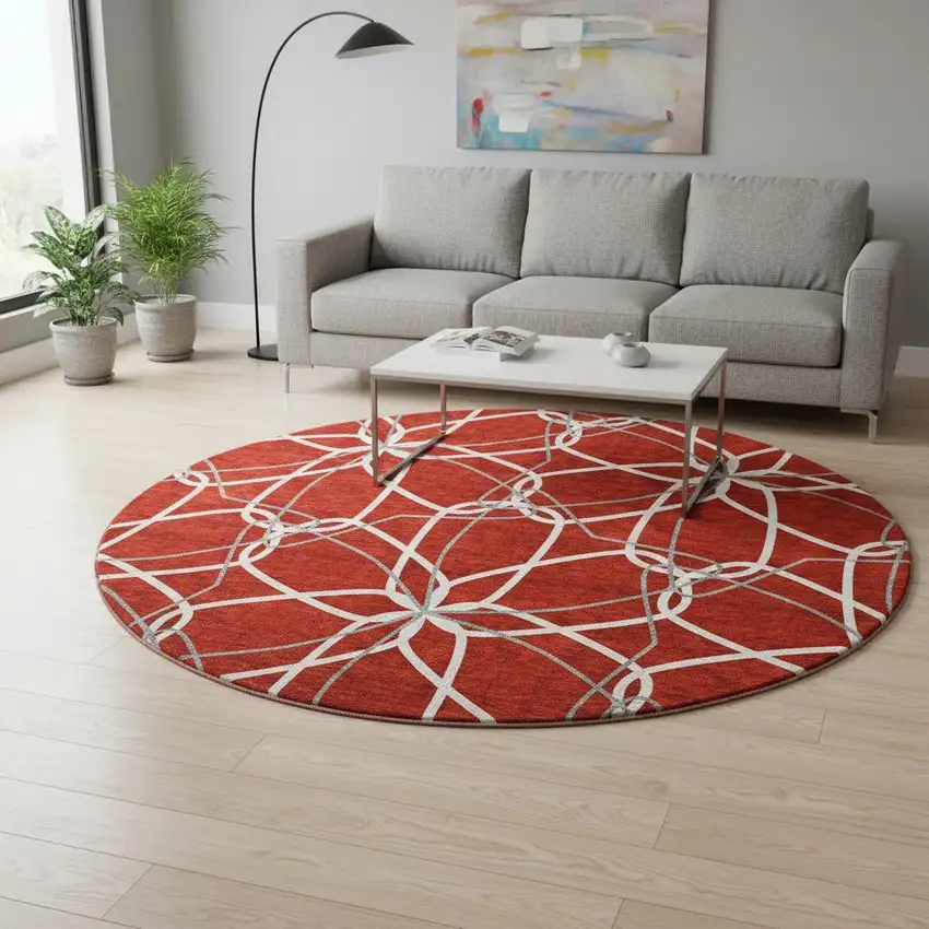 8' Red Ivory And Gray Geometric Washable Round Rug With UV Protection Photo 2