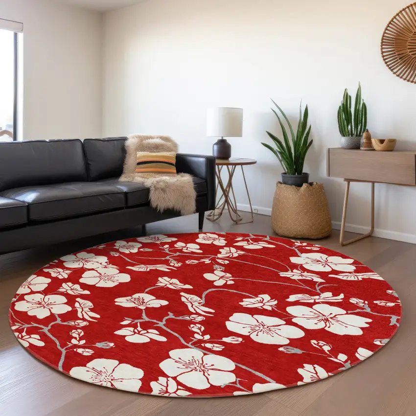 8' Red Ivory And Gray Round Floral Washable Indoor Outdoor Area Rug Photo 8