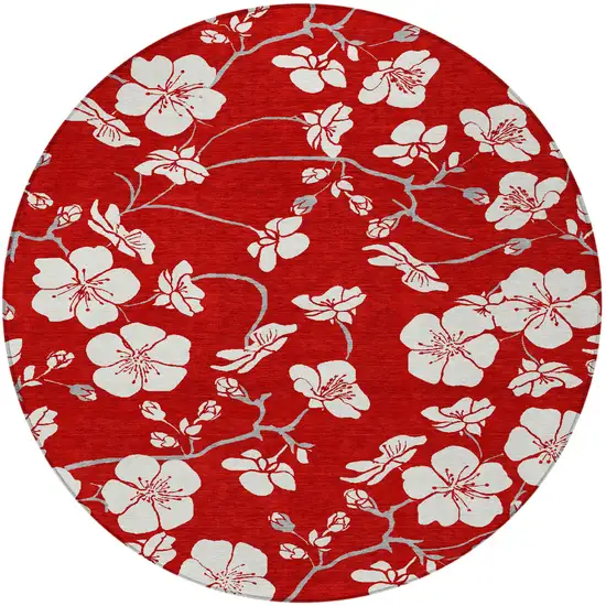 8' Red Ivory And Gray Round Floral Washable Indoor Outdoor Area Rug Photo 6