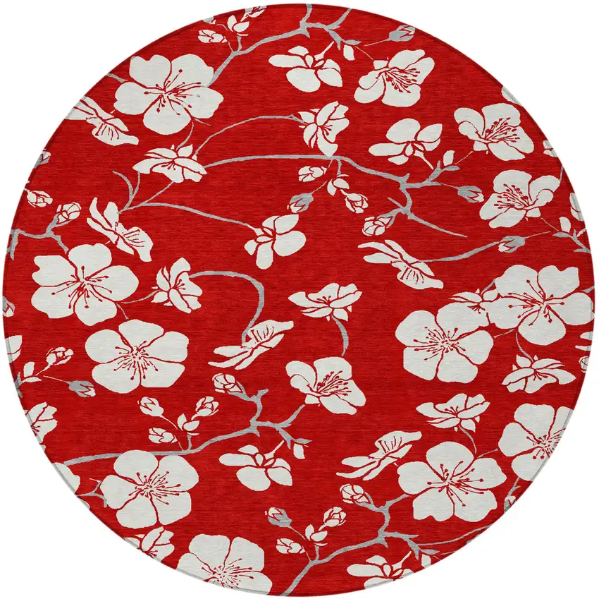 8' Red Ivory And Gray Round Floral Washable Indoor Outdoor Area Rug Photo 6