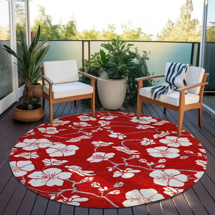 8' Red Ivory And Gray Round Floral Washable Indoor Outdoor Area Rug Photo 7