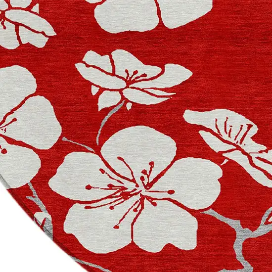 8' Red Ivory And Gray Round Floral Washable Indoor Outdoor Area Rug Photo 5