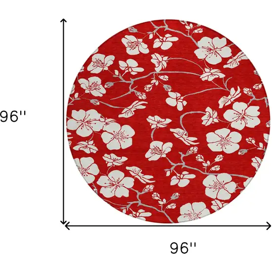 8' Red Ivory And Gray Round Floral Washable Indoor Outdoor Area Rug Photo 3