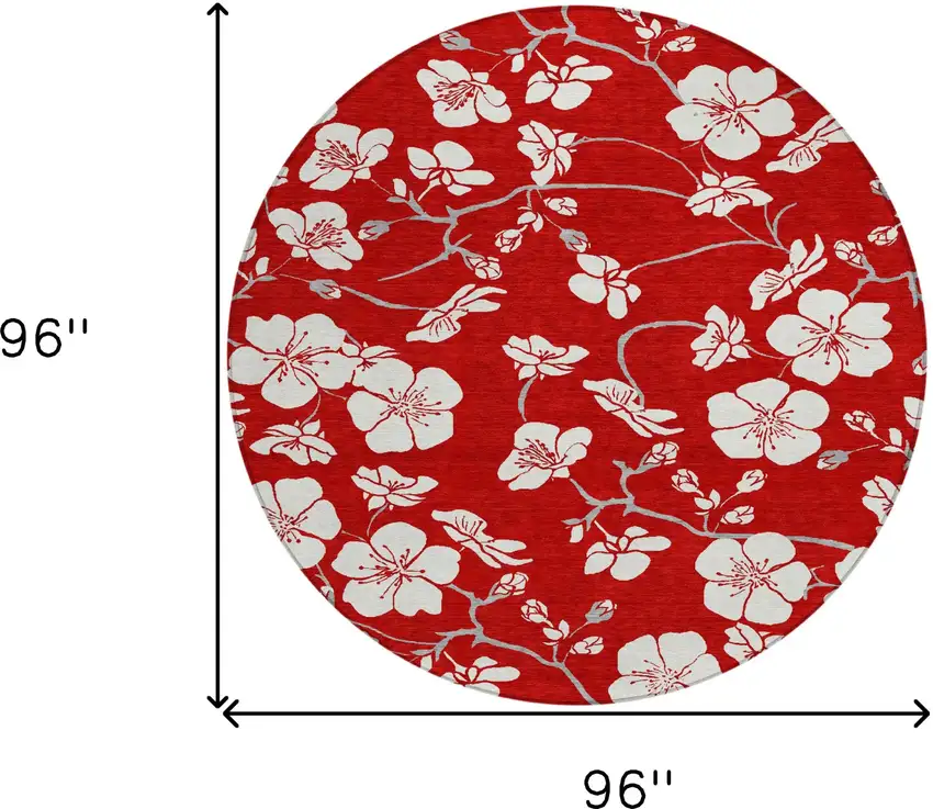 8' Red Ivory And Gray Round Floral Washable Indoor Outdoor Area Rug Photo 3