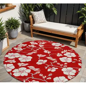 Photo of 8' Red Ivory And Gray Round Floral Washable Indoor Outdoor Area Rug