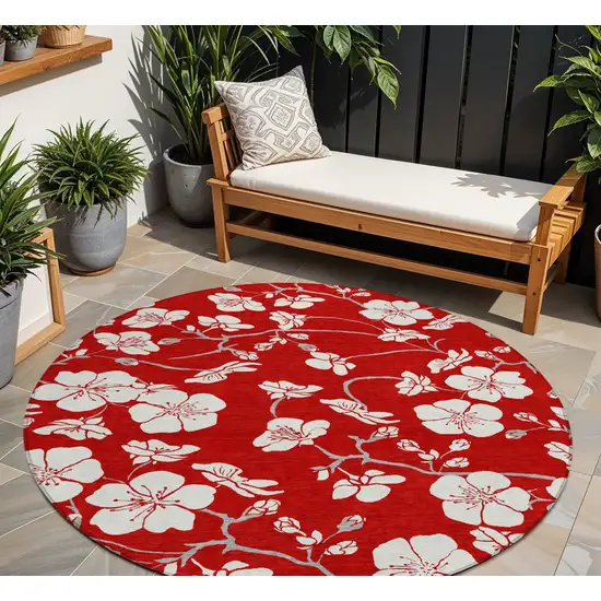 8' Red Ivory And Gray Round Floral Washable Indoor Outdoor Area Rug Photo 1