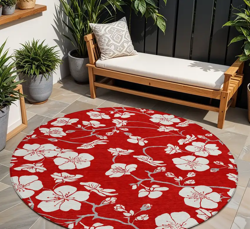 8' Red Ivory And Gray Round Floral Washable Indoor Outdoor Area Rug Photo 1