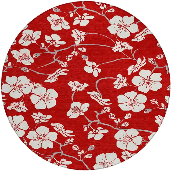 8' Red Ivory And Gray Round Floral Washable Indoor Outdoor Area Rug Photo 2