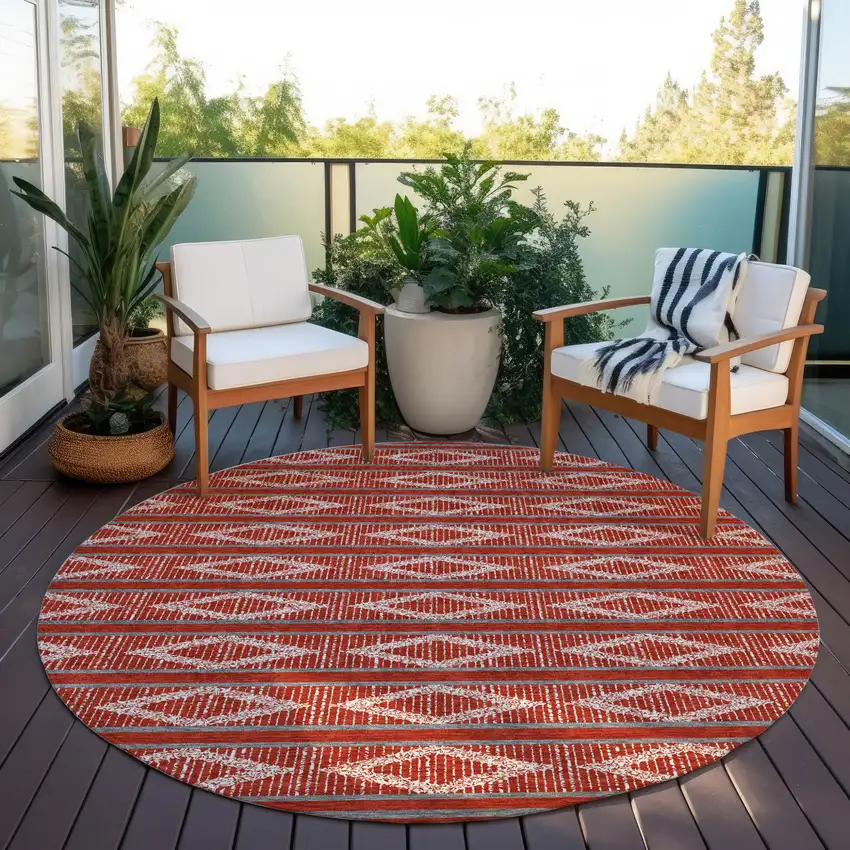 8' Red Ivory And Gray Round Geometric Washable Indoor Outdoor Area Rug Photo 7