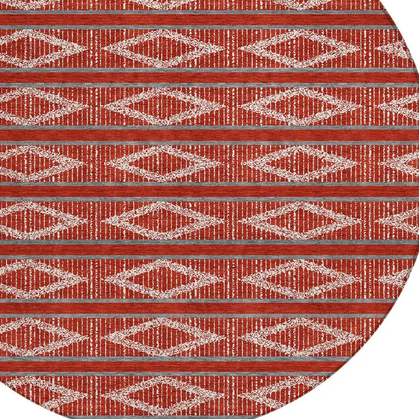 8' Red Ivory And Gray Round Geometric Washable Indoor Outdoor Area Rug Photo 5
