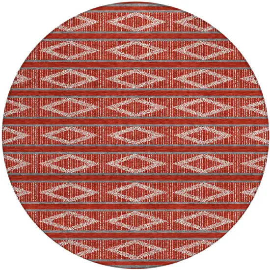 8' Red Ivory And Gray Round Geometric Washable Indoor Outdoor Area Rug Photo 2