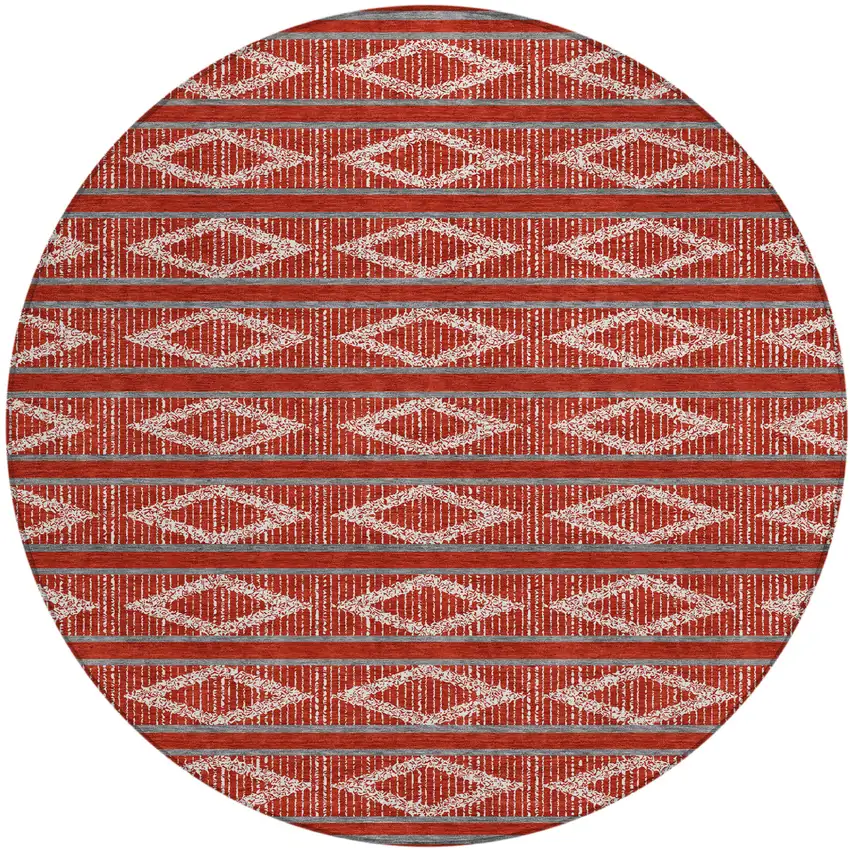 8' Red Ivory And Gray Round Geometric Washable Indoor Outdoor Area Rug Photo 2
