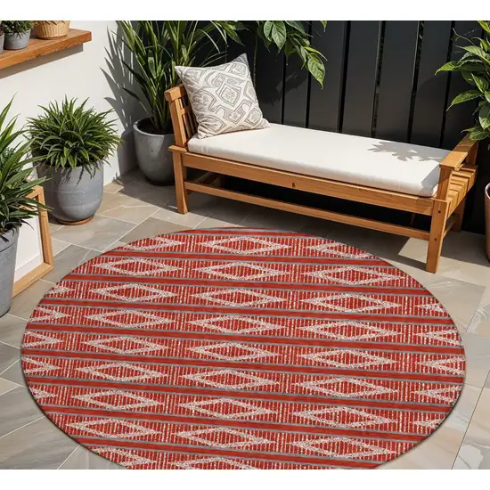 8' Red Ivory And Gray Round Geometric Washable Indoor Outdoor Area Rug Photo 1