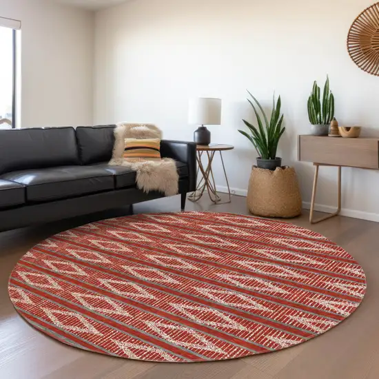 8' Red Ivory And Gray Round Geometric Washable Indoor Outdoor Area Rug Photo 8