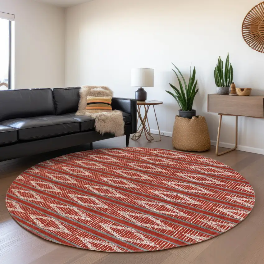 8' Red Ivory And Gray Round Geometric Washable Indoor Outdoor Area Rug Photo 8