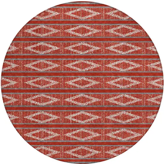 8' Red Ivory And Gray Round Geometric Washable Indoor Outdoor Area Rug Photo 6