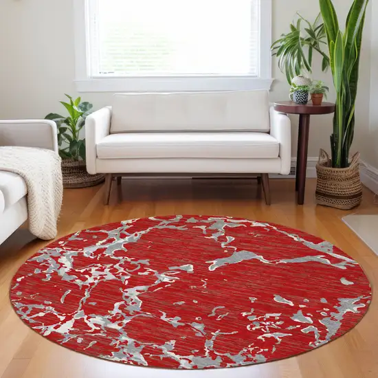 8' Red Ivory And Gray Round Striped Washable Indoor Outdoor Area Rug Photo 9