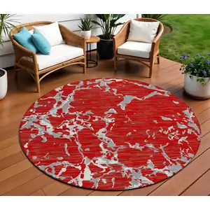 Photo of 8' Red Ivory And Gray Round Striped Washable Indoor Outdoor Area Rug