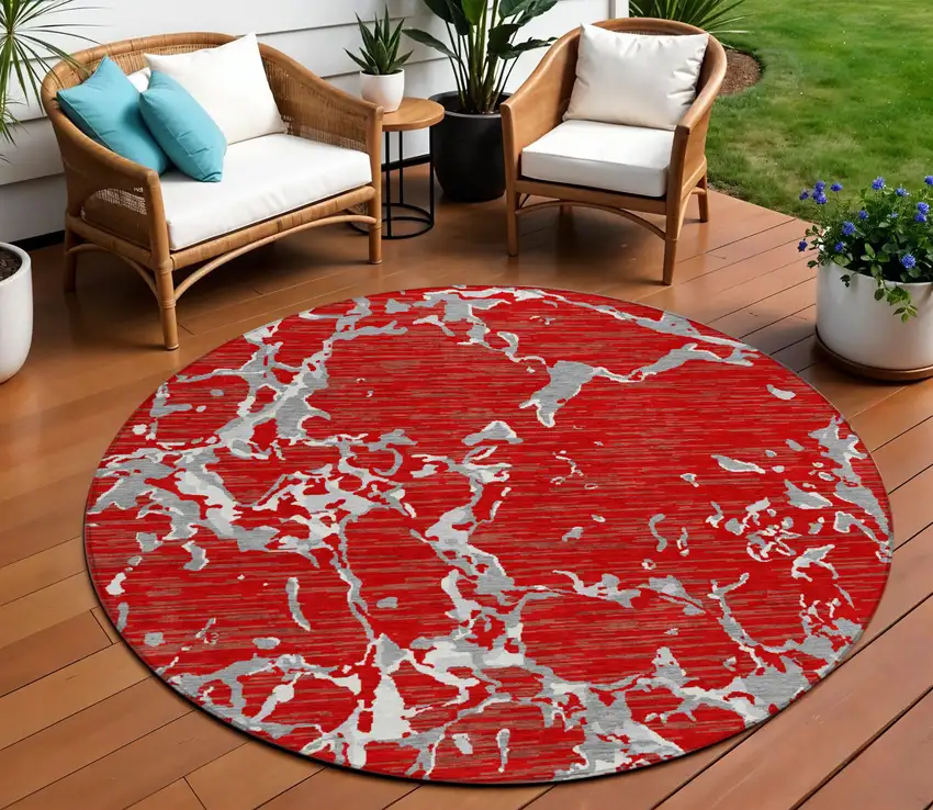 8' Red Ivory And Gray Round Striped Washable Indoor Outdoor Area Rug Photo 1