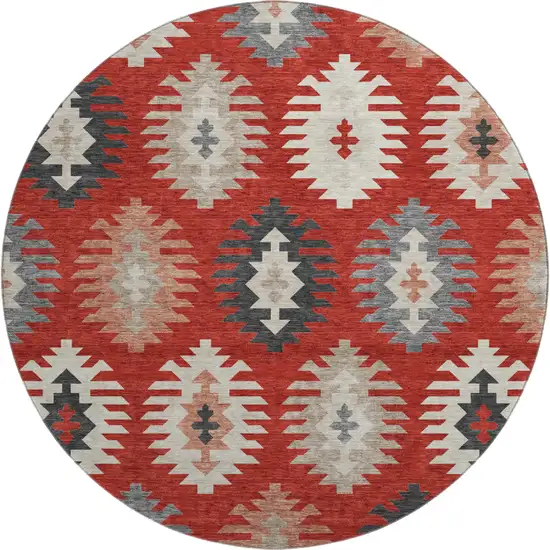 8' Red Ivory And Gray Southwestern Washable Round Rug With UV Protection Photo 1